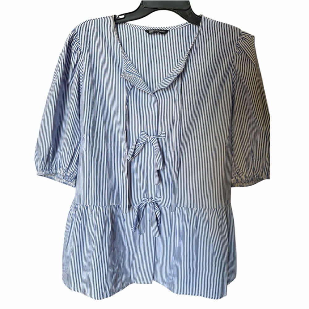 Women's Blue Stripe Peplum Tie-Front Blouse